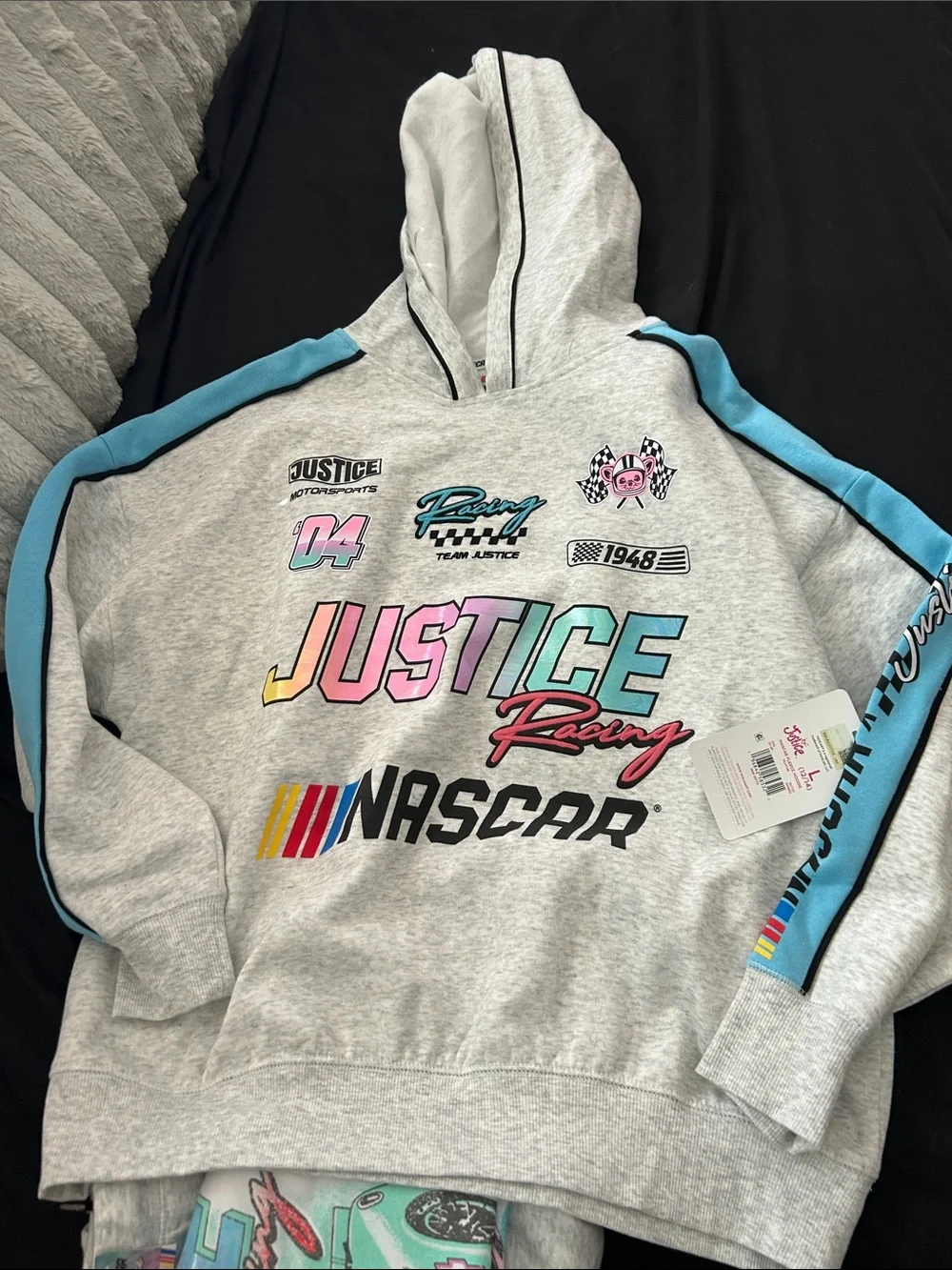 Justice Girls Gray & Blue Racing Hoodie sweats and Graphic Tee Set nascar racing